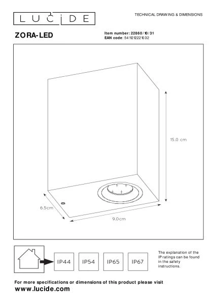 Lucide ZORA-LED - Wandstrahler / Wandleuchte Innen/Außen - LED Dim. - GU10 - 2x5W 3000K - IP44 - Weiß - technisch